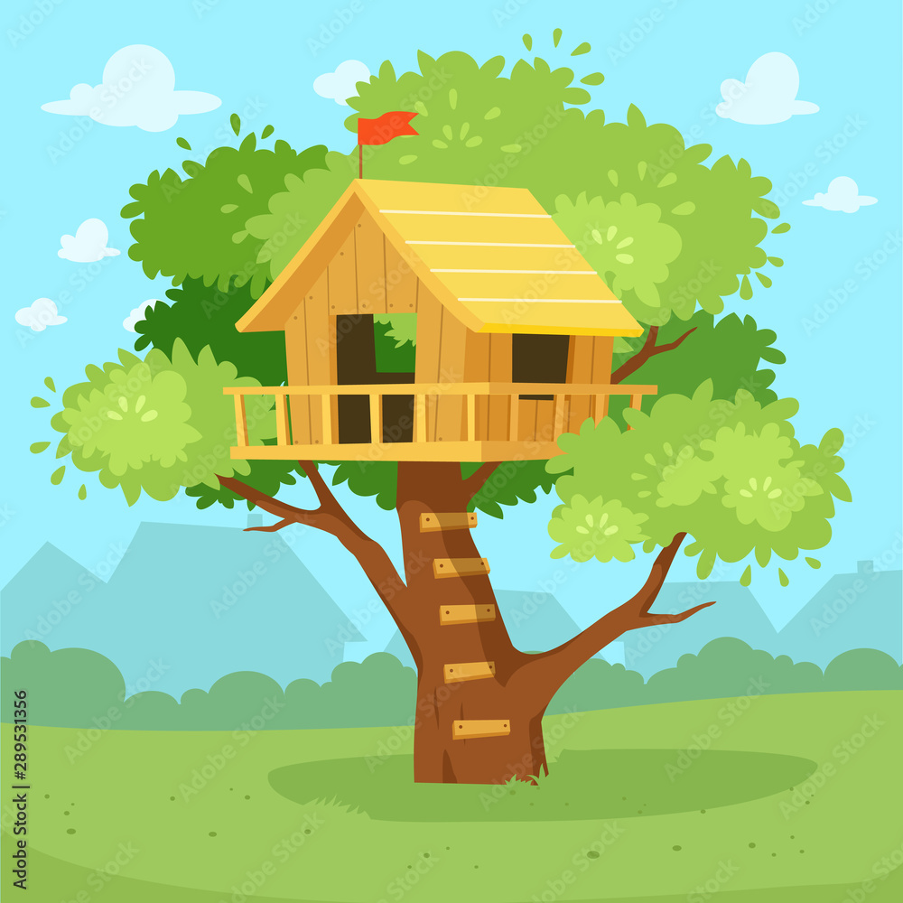 cute tree house cartoon on jungle design Stock Vector Adobe Stock