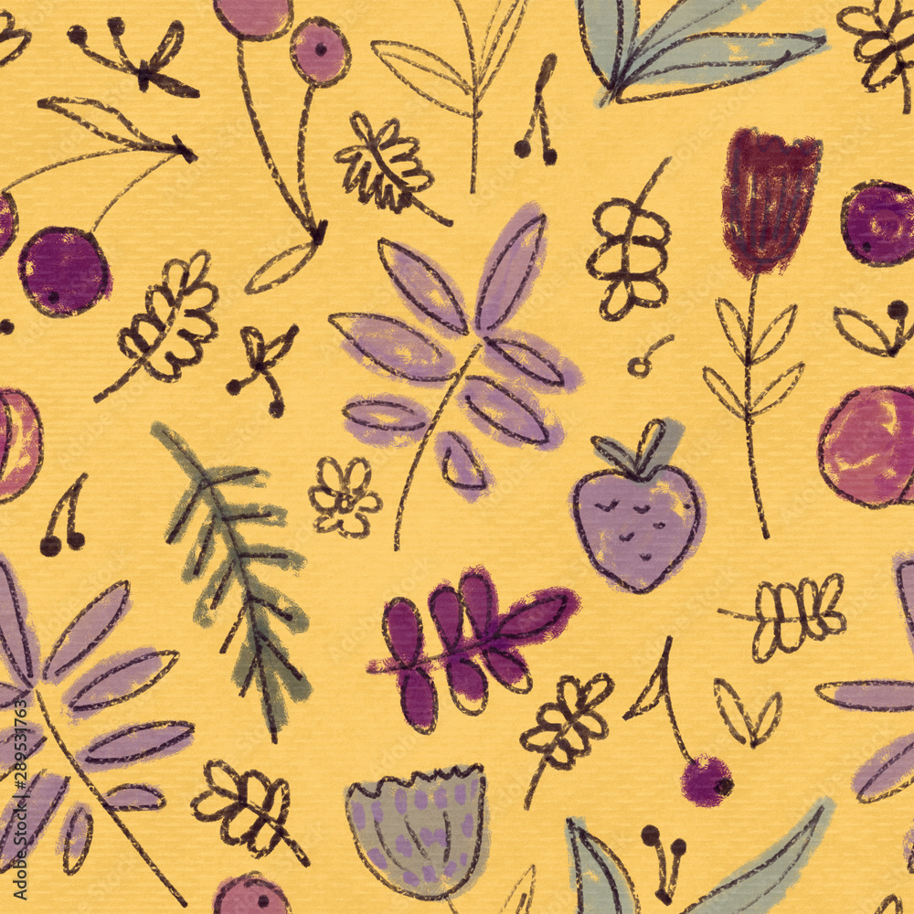 Flowers and berries, seamless background. Naive inflorescences, leaves, berries. Decorative flowers. Wrapping paper, textiles, retro background, color design. Flowers and berries, seamless background. Naive inflorescences, leaves, berries. Decorative flowers. Wrapping paper, textiles, retro background, color design.