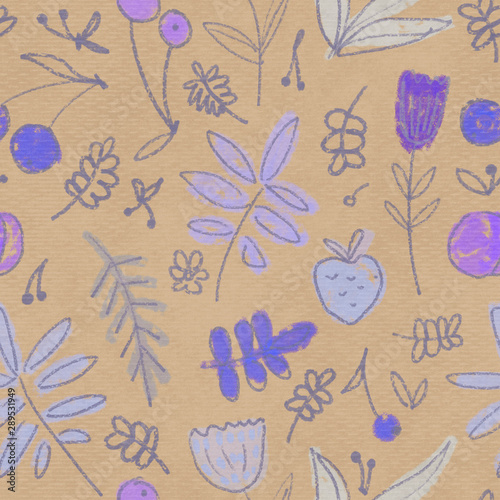 Flowers and berries, seamless background. Naive inflorescences, leaves, berries. Decorative flowers. Wrapping paper, textiles, retro background, color design.