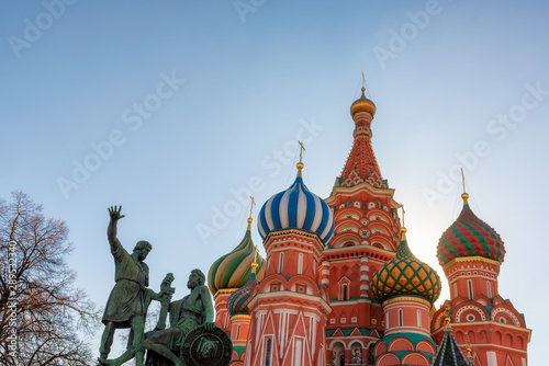 Beautiful view at Cathedral of St. Basil in the Red Square at morning spring in Moscow, Russia