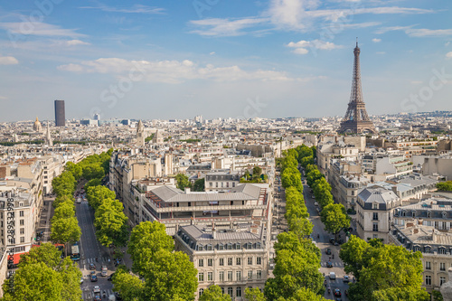 Paris skyline with the Eiffel tower and the Montparnasse tower on a sunny day