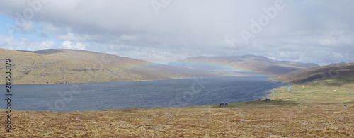 Hike to the Traelanipa Slave Cliff near Leitisvatn Lake with steep drops into the ocean on the Faroe Islands, Denmark.