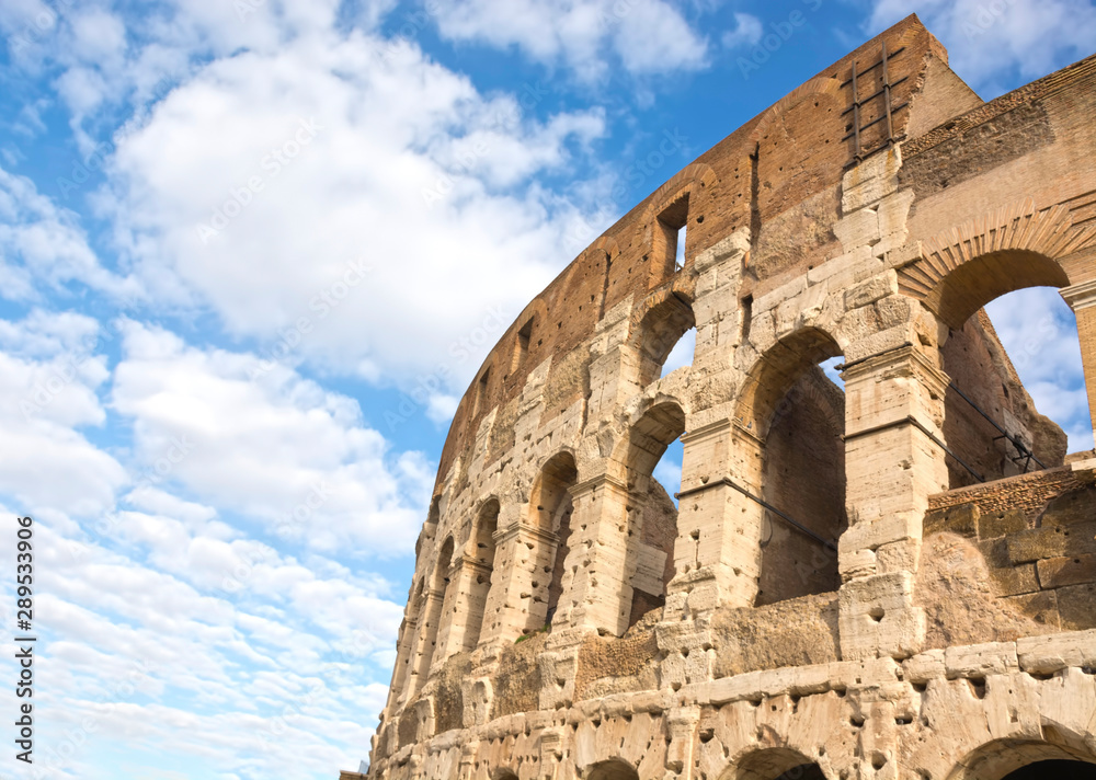 Colosseum in Rome roman amphitheater closeup, Italy. Main italian landmark