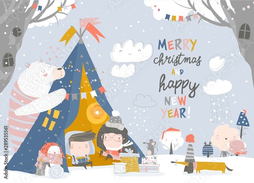 Kids celebrating Christmas with animals in a teepee tent
