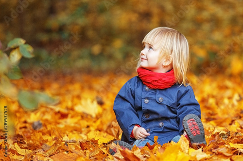 Happy autumn  Little sweet girl playing with leaves in an autumn park. Copy space  falling leaves.