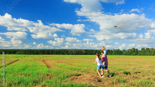 Mother, father and daughter are flying a kite in the field. back view, copy space. © AnastazjaSoroka