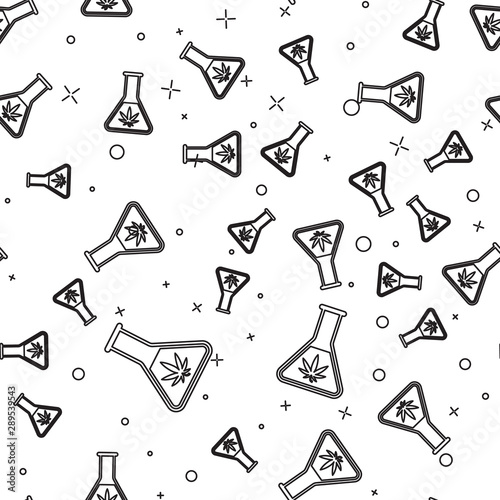 Black line Chemical test tube with marijuana or cannabis leaf icon isolated seamless pattern on white background. Research concept. Laboratory CBD oil concept. Vector Illustration