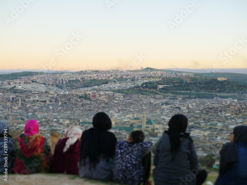 Islamic women sitting on the mountain. Fes, Morocco, March 1, 2019