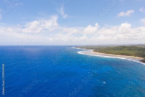 The rocky coast of a tropical island. Siargao, Philippines. Seascape with palm trees in sunny weather, aerial view.
