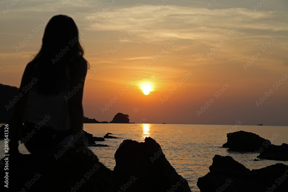Koh Mak Island, Trad, Thailand, April 25, 2017, women shadow beautiful sunset