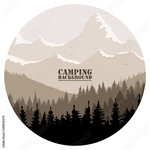 Round logo for camping, hunting season. Silhouette of spruce forest and mountains on the horizon. Birds are flying. Calmness, pacification. In brown tones.