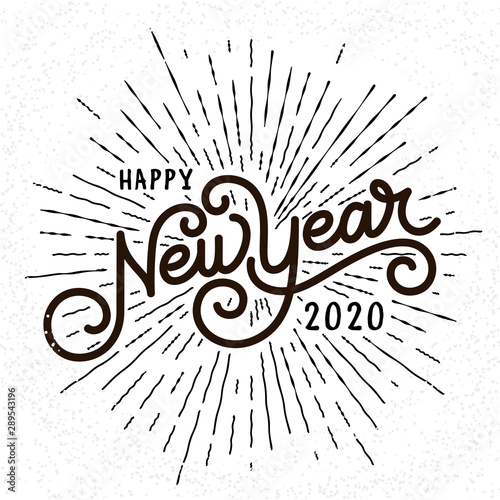 Happy New Year Lettering with burst rays. Holiday Vector Illustration. Lettering Composition And Rays Or Sunburst photo