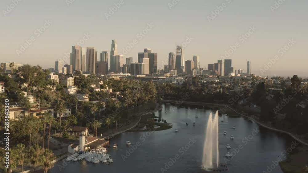 Aerial view of Echo Park lake and downtown Los Angeles in California Aerial view of Echo Park lake and downtown Los Angeles in California