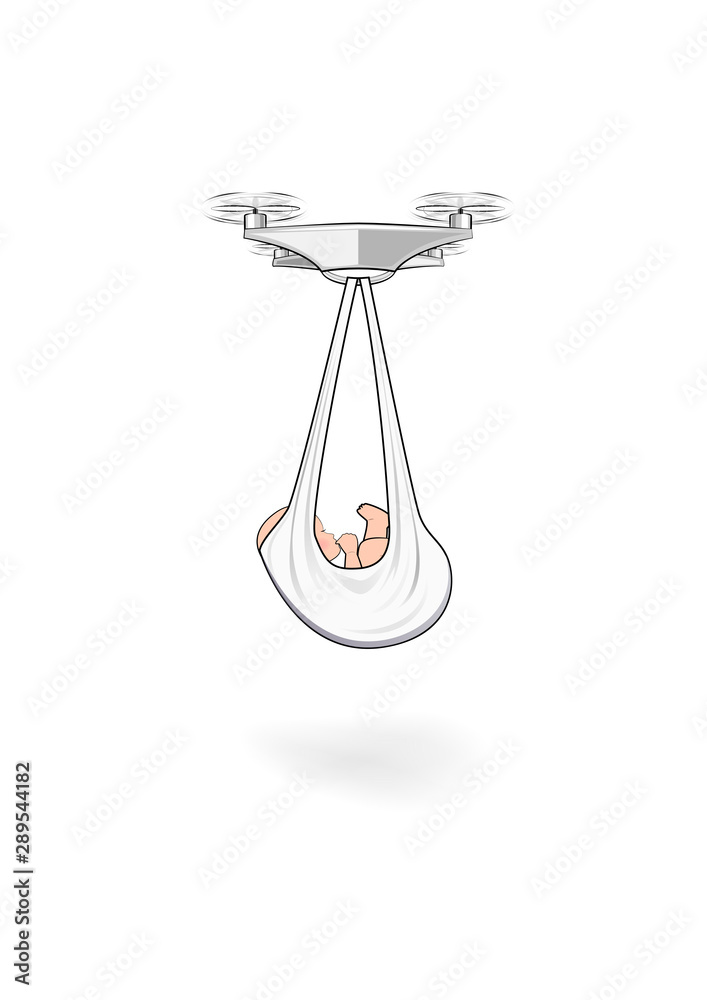 global digitalization concept and quadcopters deliver babies, vertical vector illustration isolated on a white background global digitalization concept and quadcopters deliver babies, vertical vector illustration isolated on a white background