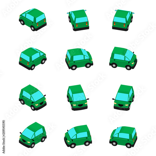 Animation of the rotation compact car in isometric view. Green car coupe with different viewing angles.