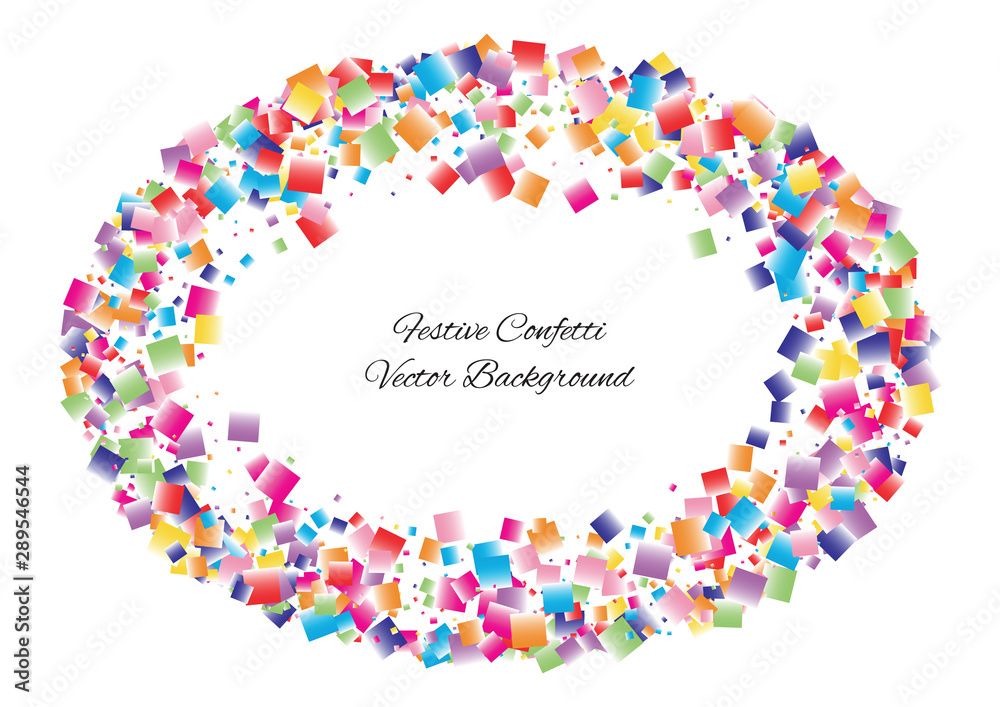 Festive color square confetti background. Abstract frame confetti texture for holiday, postcard, poster, website, carnival, birthday, children's parties. Cover confetti mock-up. Wedding card layout