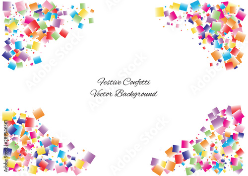 Festive color square confetti background. Abstract frame confetti texture for holiday, postcard, poster, website, carnival, birthday, children's parties. Cover confetti mock-up. Wedding card layout