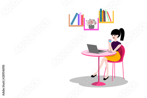 woman drinking coffee during working in cafe