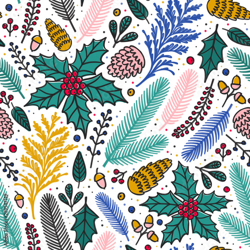 Seamless Christmas pattern with winter plants.