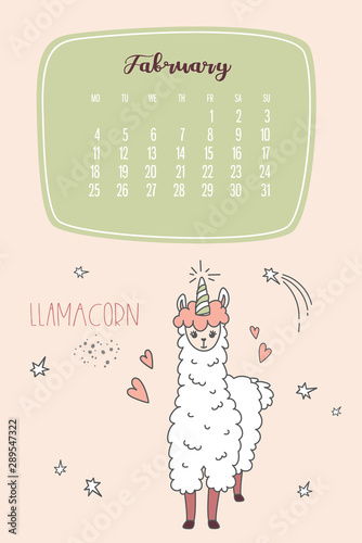 Calendar for February 2020 from Monday to Sunday. Cute llama like unicorn -llamacorn. photo