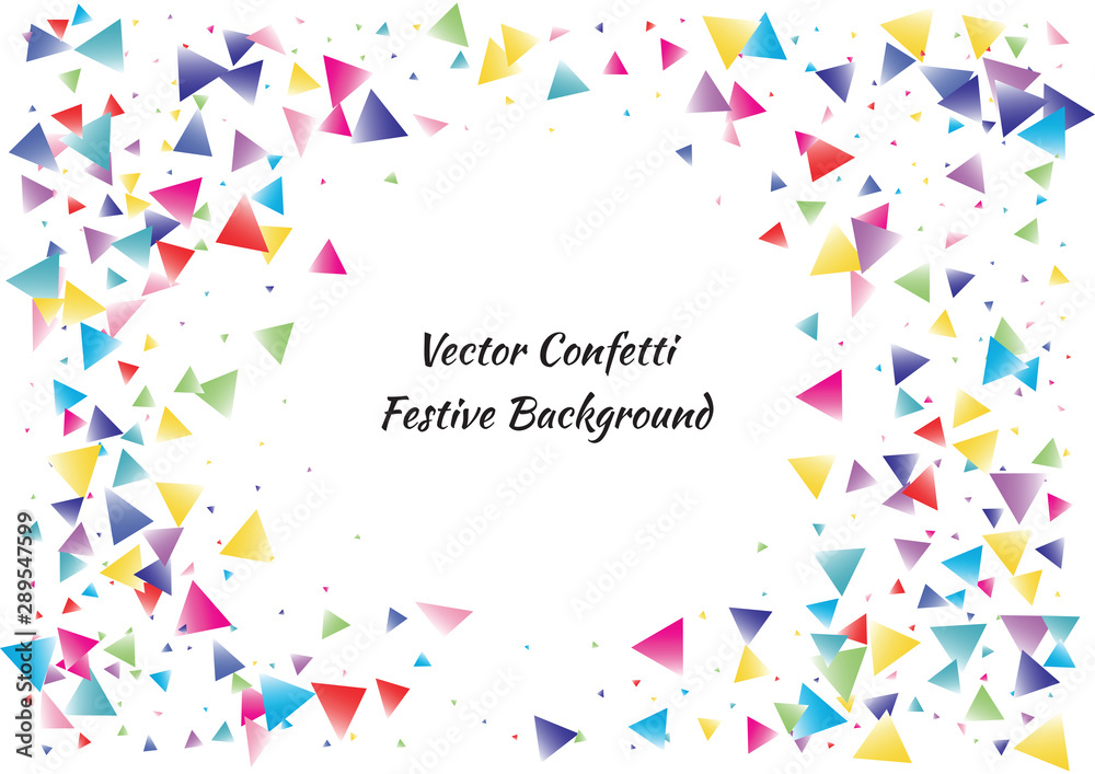 Festive color triangle confetti background. Abstract frame confetti texture for holiday, postcard, poster, website, carnival, birthday, children's parties. Cover confetti mock-up. Wedding card layout Festive color triangle confetti background. Abstract frame confetti texture for holiday, postcard, poster, website, carnival, birthday, children's parties. Cover confetti mock-up. Wedding card layout