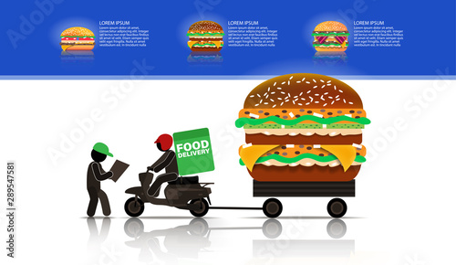 Food delivery man on a scooter with a huge Burger in the trailer
