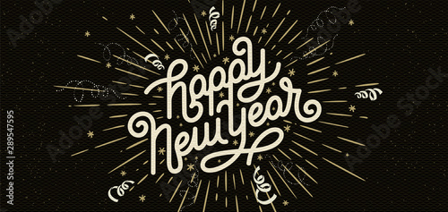 Happy New Year Lettering with burst rays. Holiday Vector Illustration. Lettering Composition And Light Rays Or Sunburst photo