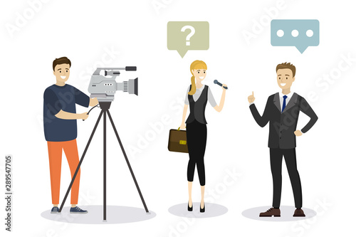 Beautiful female reporter with microphone interviews european businessman. Handsome male operator shoots video.