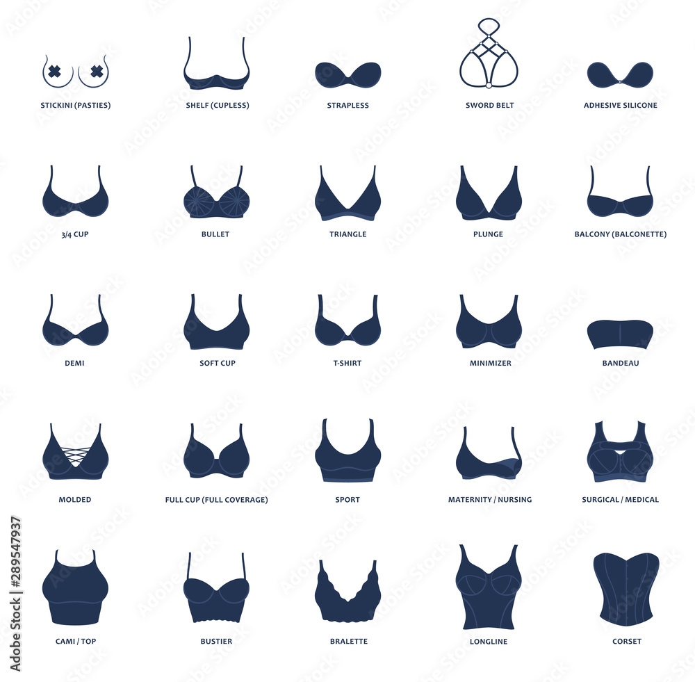 Types of bras. The complete vector collection of lingerie - obrazy, fototapety, plakaty 