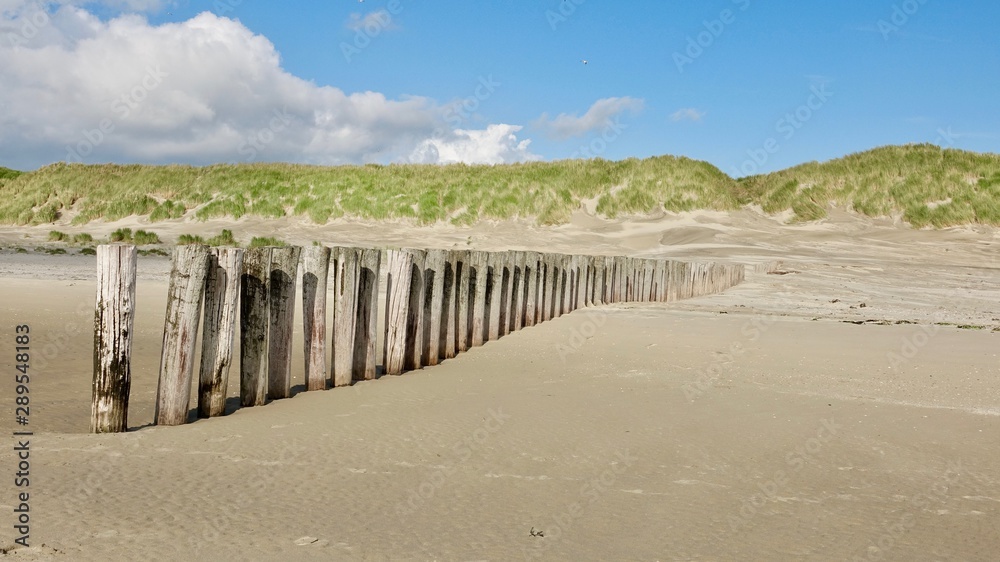 Hölzerne Wellenbrecher am Strand von Ameland, Nordsee