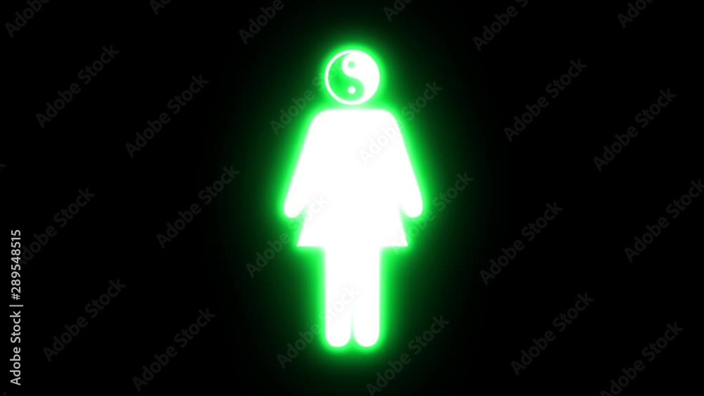 White icon of a woman with Yin Yang head on black background with pulsing green glow in seamless loop White icon of a woman with Yin Yang head on black background with pulsing green glow in seamless loop