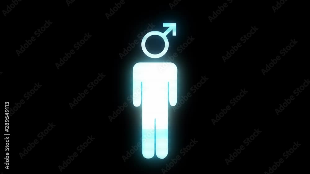 White icon of a man with quickly changing various symbols instead of his head with blue screen lines glitch effect in seamless loop on black background White icon of a man with quickly changing various symbols instead of his head with blue screen lines glitch effect in seamless loop on black background