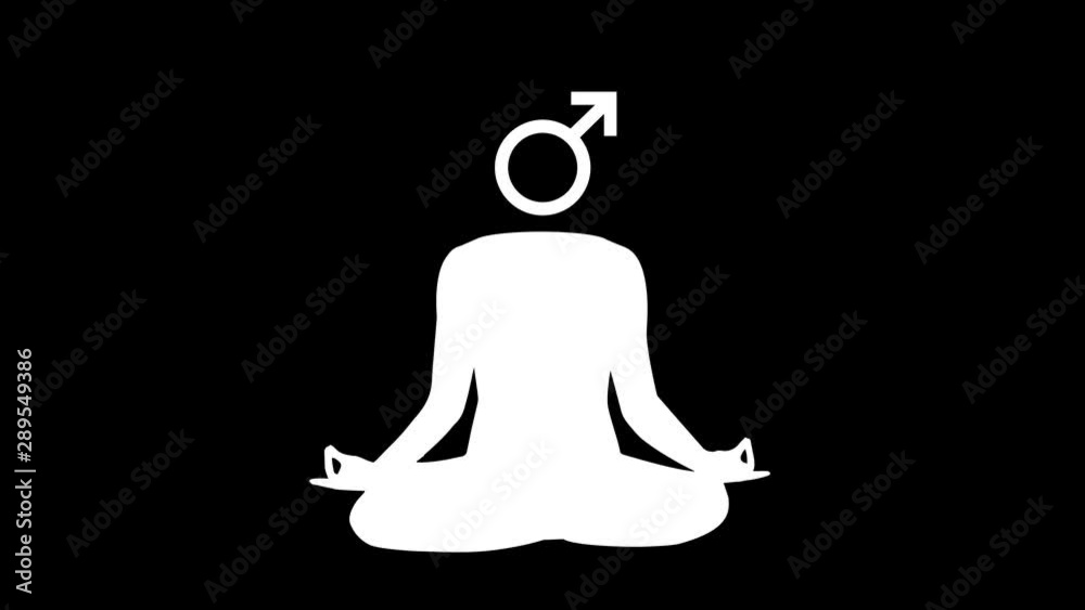White silhouette of a meditating person with quickly changing various symbols instead of his head on black background in seamless loop White silhouette of a meditating person with quickly changing various symbols instead of his head on black background in seamless loop