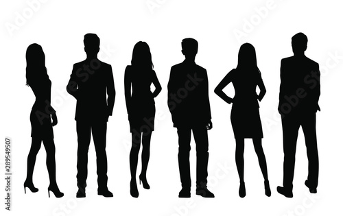 Vector silhouettes of men and a women, a group of standing business people, black color isolated on white background