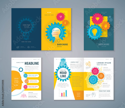 Cover Book Design Set, Human head with Light Bulb Background vector Template Brochures, Cogwheel Gears in progress