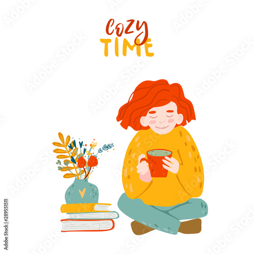 Cute rad hair girl with cup of coffee. Cozy time lettering. Cartoon style illustration. vase with bouquet of flowers under the books photo