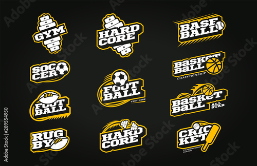 Retro style sport logo set. Modern professional Typography Soccer, Baseball, rugby, football, gym, basketball, cricket emblem logotype. Design emblem for clothes, card, badge banner, stickers, print.