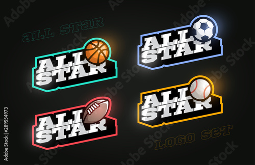 All star Retro style sport logo set. Modern professional Typography Basketball, Soccer, Football, rugby, baseball emblem text logotype. Design emblem for clothes, card, badge banner, stickers, print.