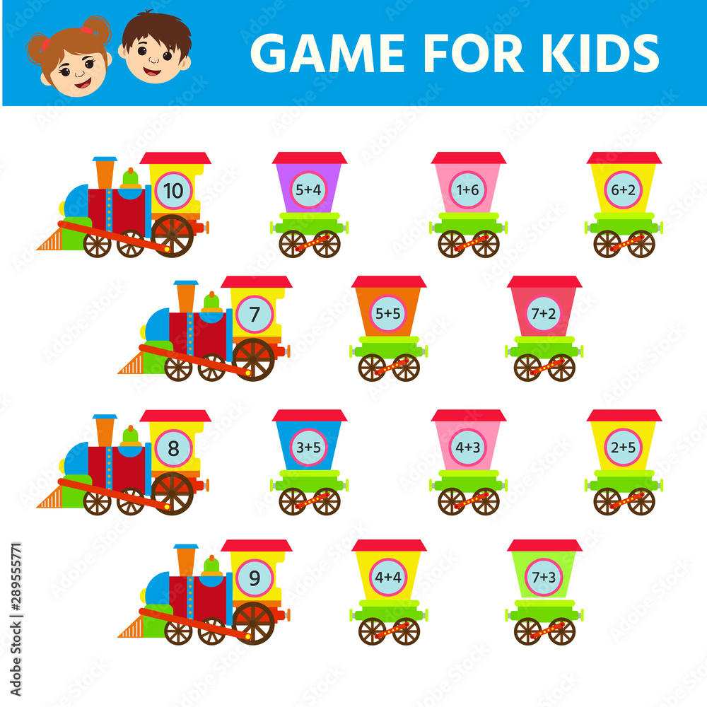 Education logic game for preschool kids. Kids activity sheet. Connect the wagons to the train. Children funny riddle entertainment. Vector illustration Education logic game for preschool kids. Kids activity sheet. Connect the wagons to the train. Children funny riddle entertainment. Vector illustration