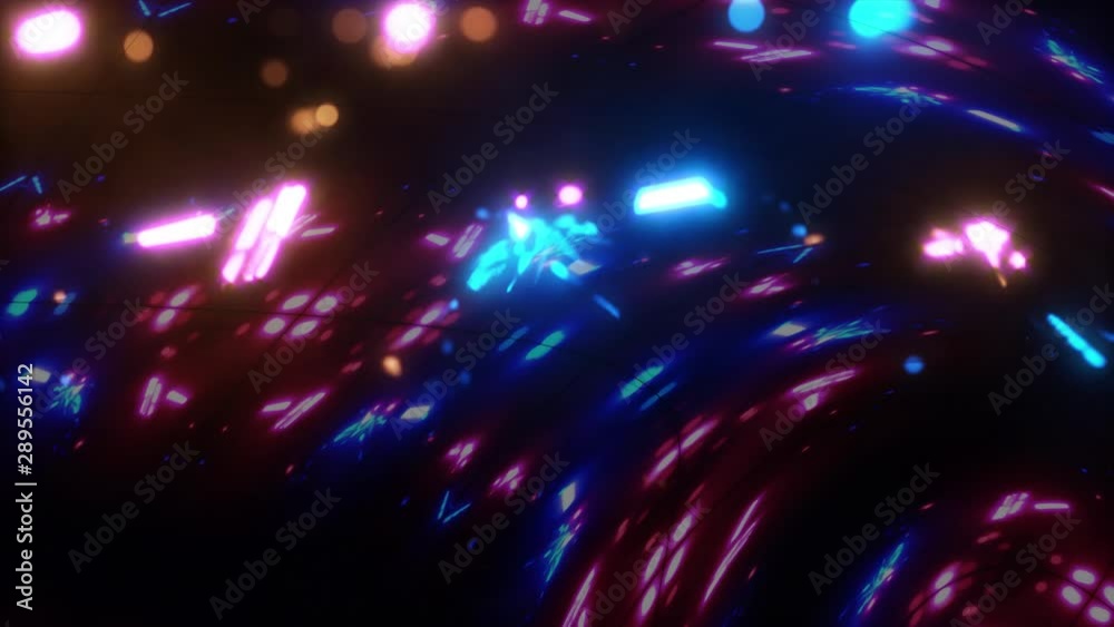 happy new year VJ loop Disco spectrum lights concert spot bulb. Abstract motion background in pink blue colors, shining lights.  UHD 4k  Seamless vj loop. 