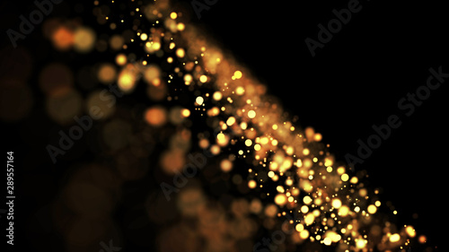 composition of gold particles with a depth of field 3d render