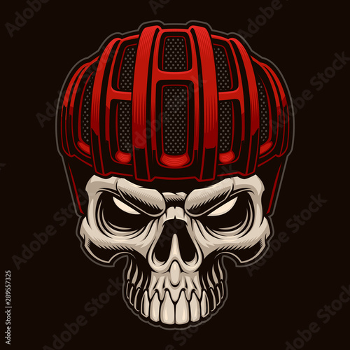 Vector colorful illustration of a skull in cyclist helmet on the dark background.