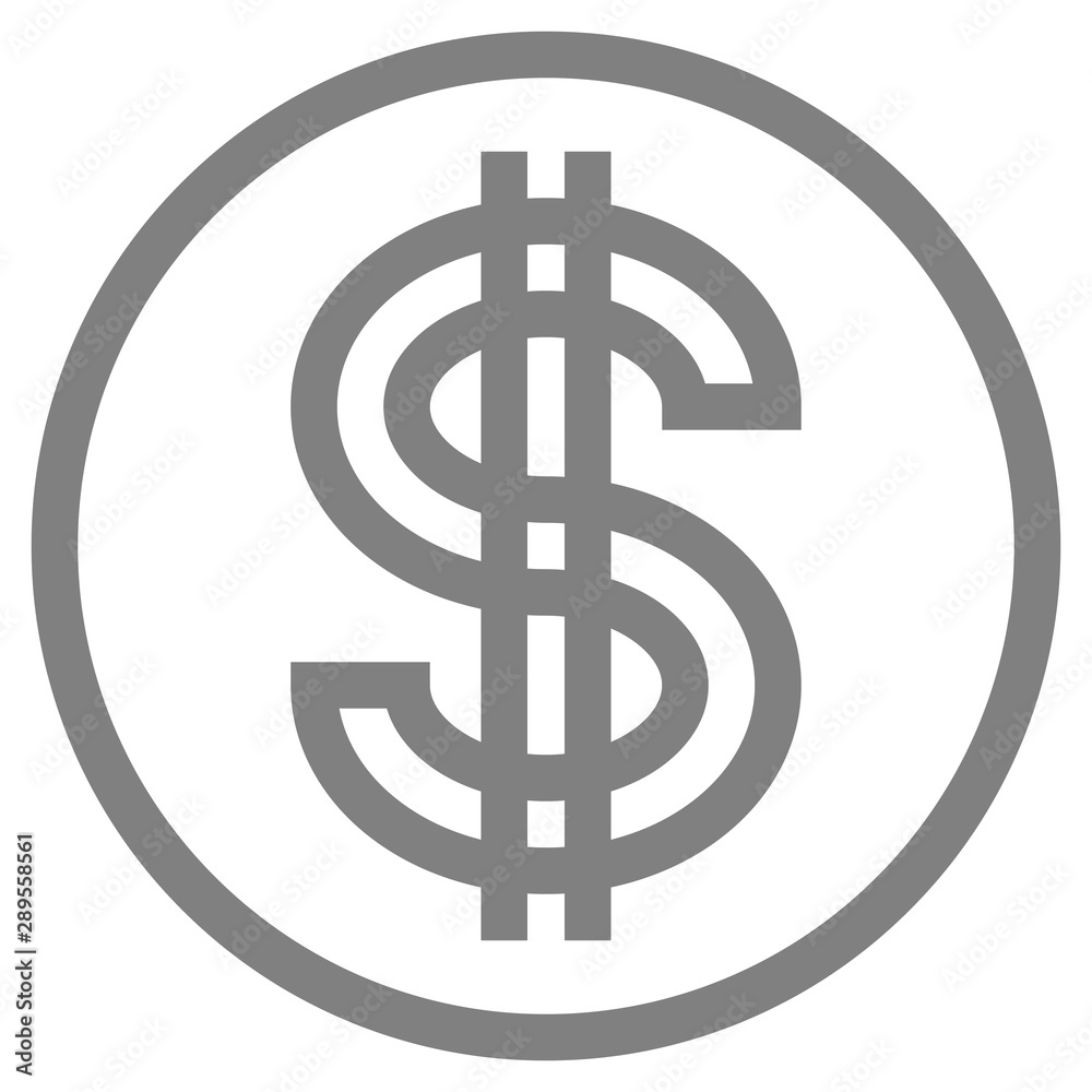 Dollar currency sign symbol - gray-silver-metal simple outline inside of circle, isolated - vector Dollar currency sign symbol - gray-silver-metal simple outline inside of circle, isolated - vector