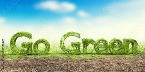 Go Green 3D word made with green grass isolated on blue sky background. 3D rendering.