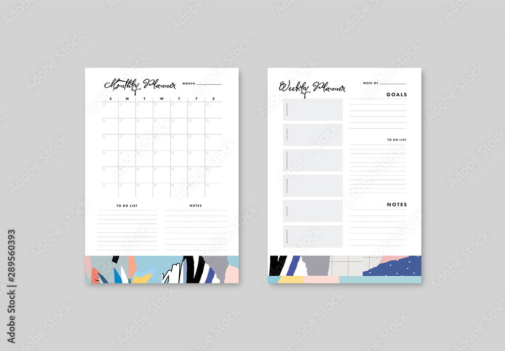 Weekly and Monthly Planner Layout with Illustrative Elements Stock ...