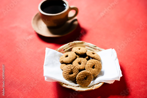 Rosquete, a Nicaraguan sweet made of pinol. It is usually accompanied with coffee. No people. photo