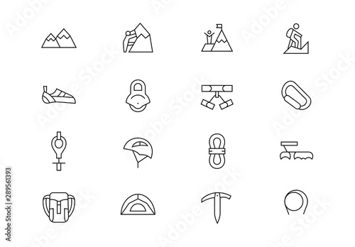 Rock climbing equipment thin line vector icons. Editable stroke