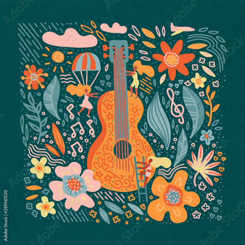 Music festival vector illustration, guitar with flowers art and cute girls. Hippie chic, bohemian style. Hand drawn banner, poster, postcard or t-shirt print.