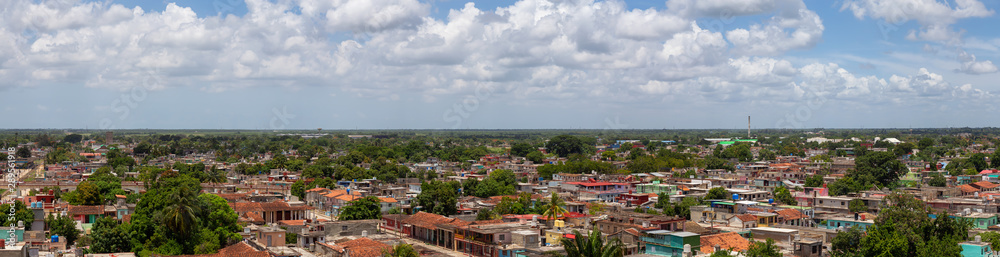 Aerial Panoramic view of a small Cuban Town, Ciego de Avila, during a cloudy and sunny day. Located in Central Cuba.