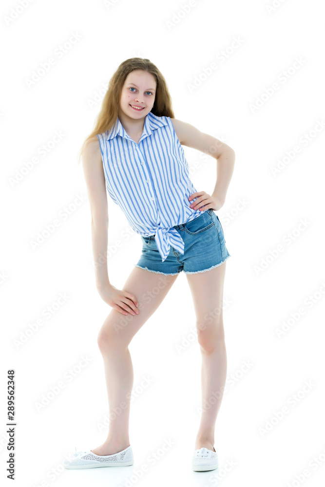 Schoolgirl, teenager girl studio photo in full growth. Isolated Schoolgirl, teenager girl studio photo in full growth. Isolated